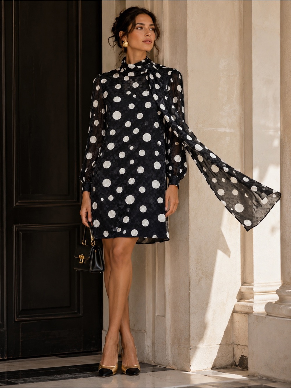 Vintage David Hayes Silk Polka Dot Scarf Dress Black White Neiman Marcus Sz 4